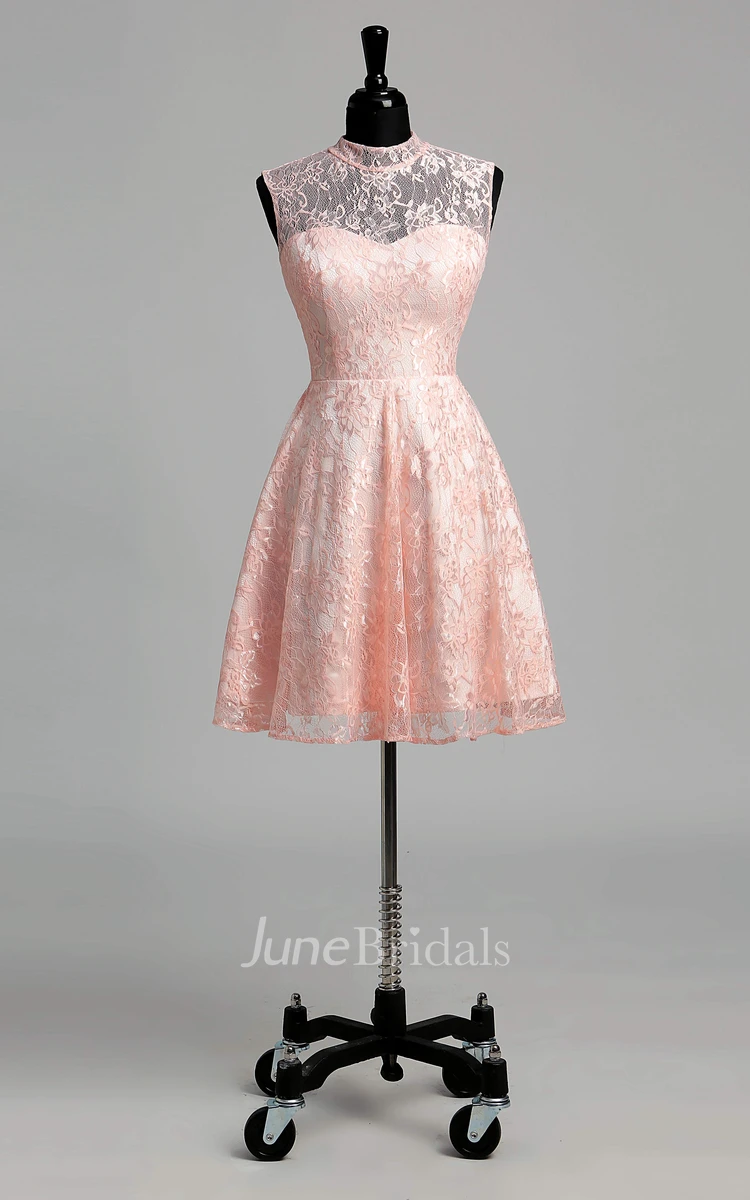 Short/Mini A-line High Neck Sleeveless Lace Dress with Illusion and Keyhole Back