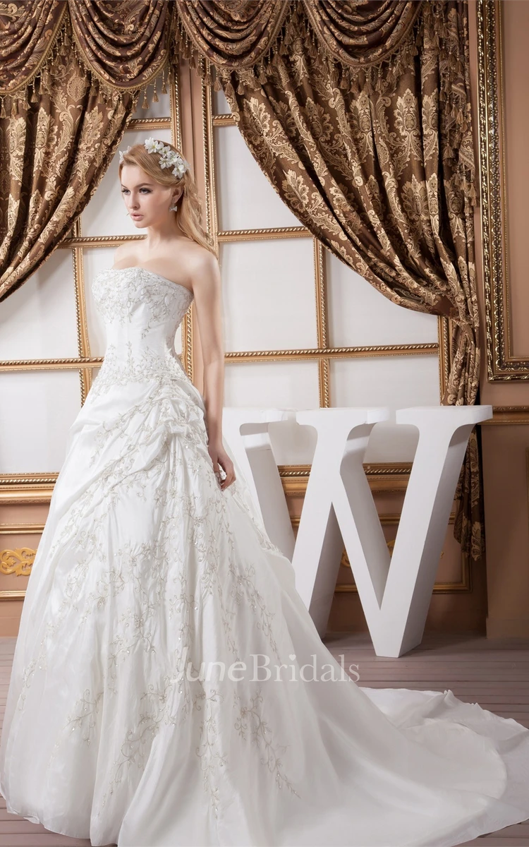 Strapless Embroidered Ball Gown with Ruching and Beading