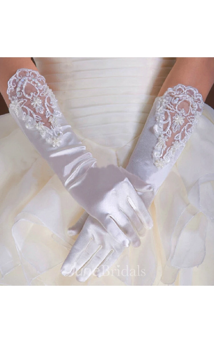 White Stretch Satin Long Length Sequins Beads Package Refers To Gloves