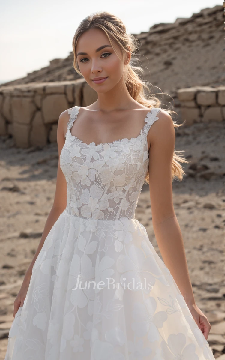 Elegant Floral Lace A-line Beach Wedding Dress Sleeveless Straps Tulle Train Gown