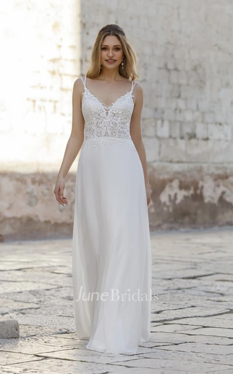 Plunging V-neck Sheath Lace Sexy Floor-length Wedding Dress with Sweep Train