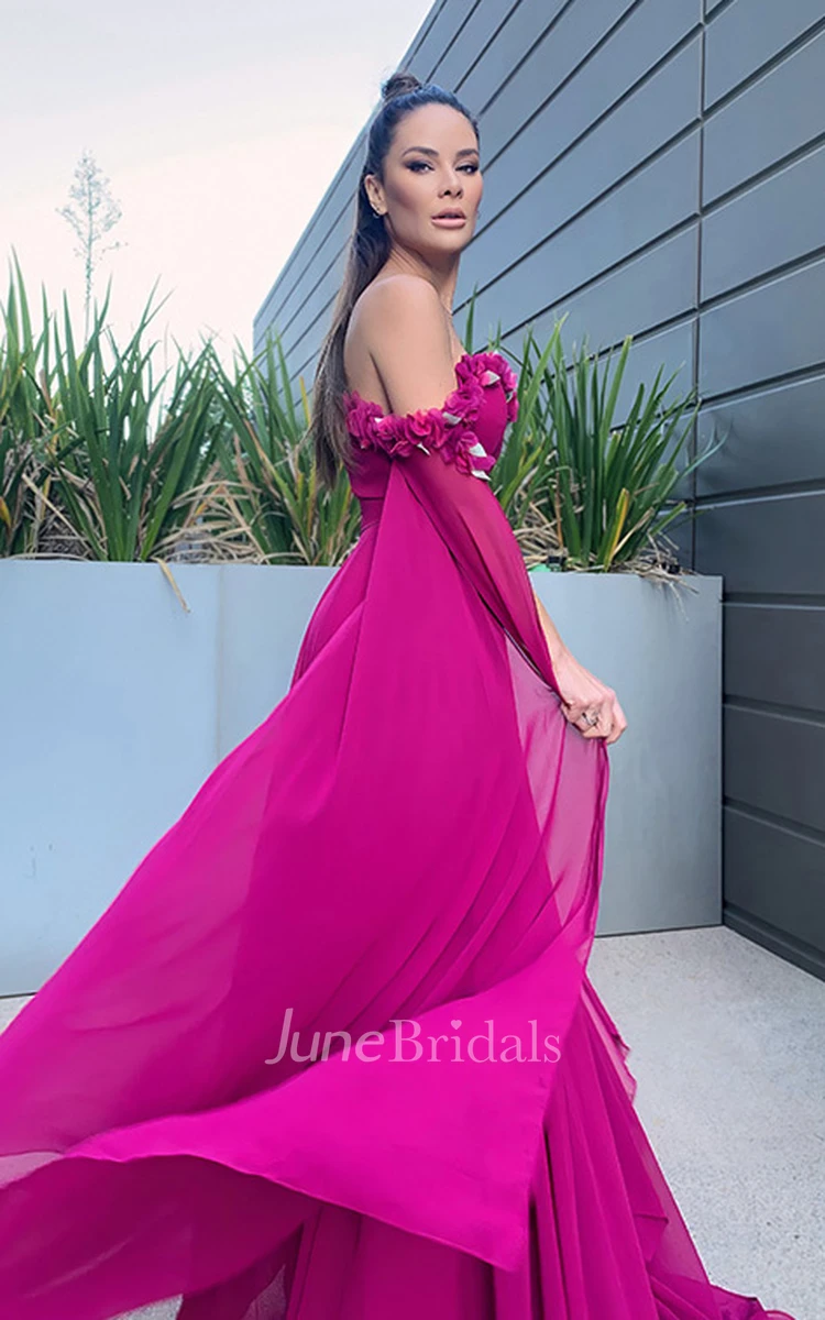 A-Line Off-the-shoulder Chiffon Beach Prom Evening Dress Elegant Simple Casual Sexy Romantic With Open Back And Flowers