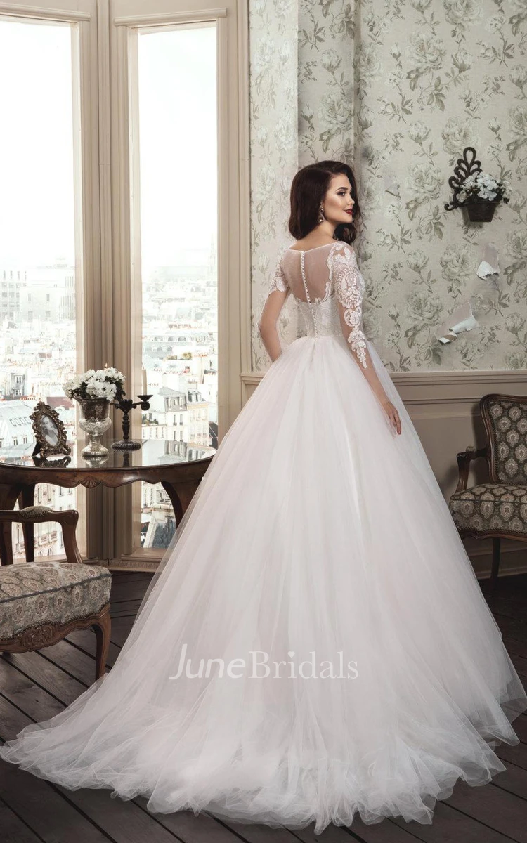 Illusion Neck Long Sleeve Floor-Length Lace Tulle Wedding Dress - Princessly
