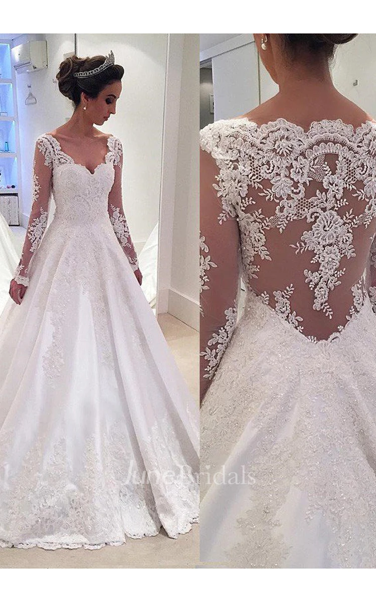 Ball Gown V-neck Long Sleeves Lace Court Train Wedding Dresses
