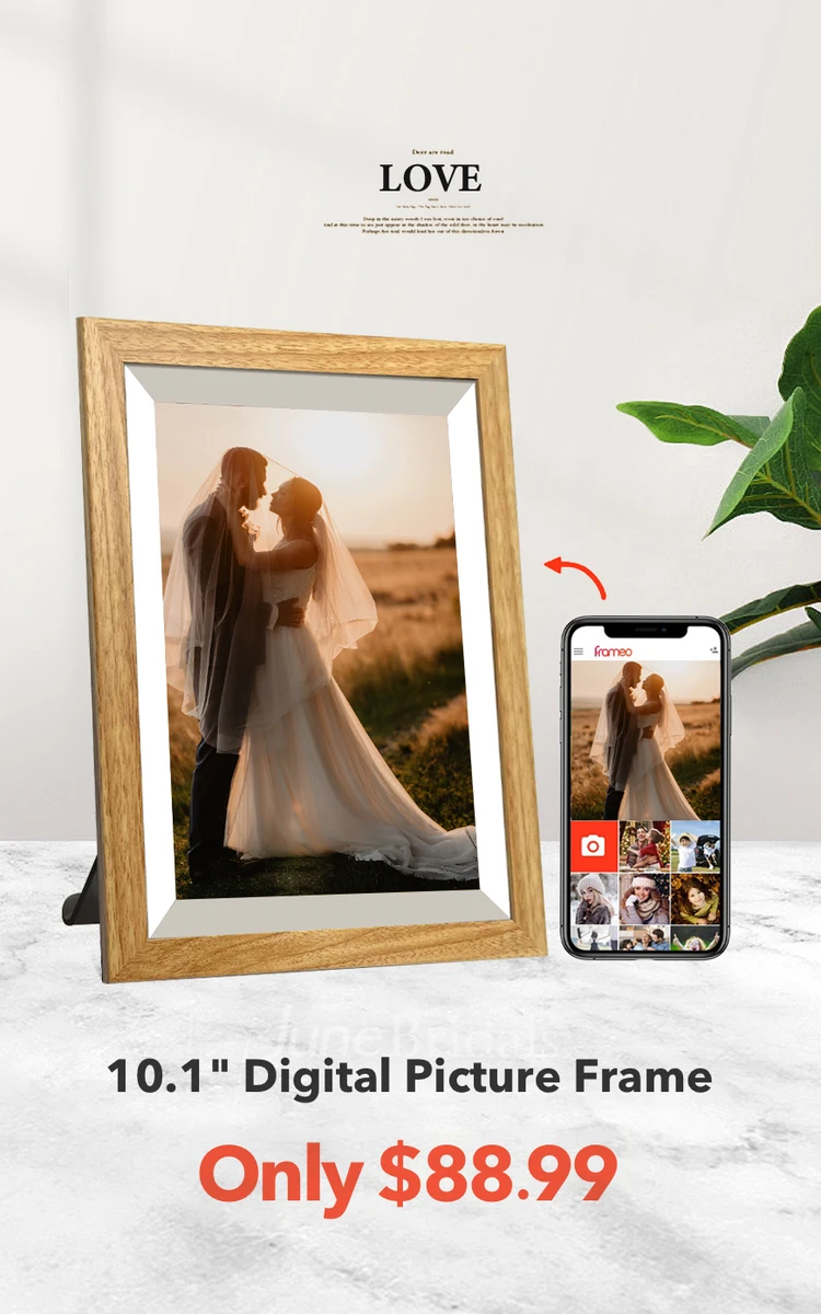 10.1'' Smart Wifi Wooden Digital Picture Frame for Wedding Memory Showcase 32 GB Auto-Rotate Display for Wall or Desk