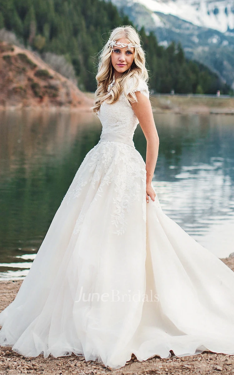 Modest Romantic Beach Country A-Line Boho Lace Short Cap Sleeve Queen Anne  Ball Gown Wedding Dress with Appliques and Button Back - June Bridals