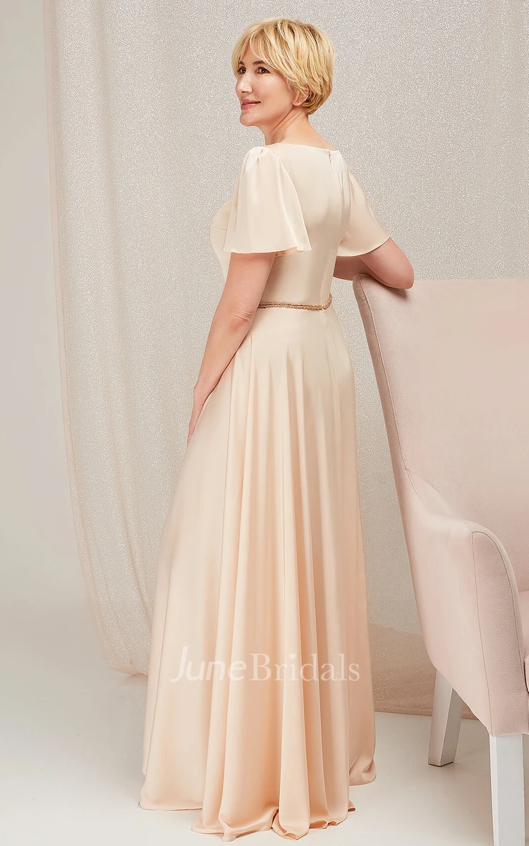 Elegant A Line Short Sleeve Satin Bateau Floor-length Mother of the Bride Dress with Ribbon