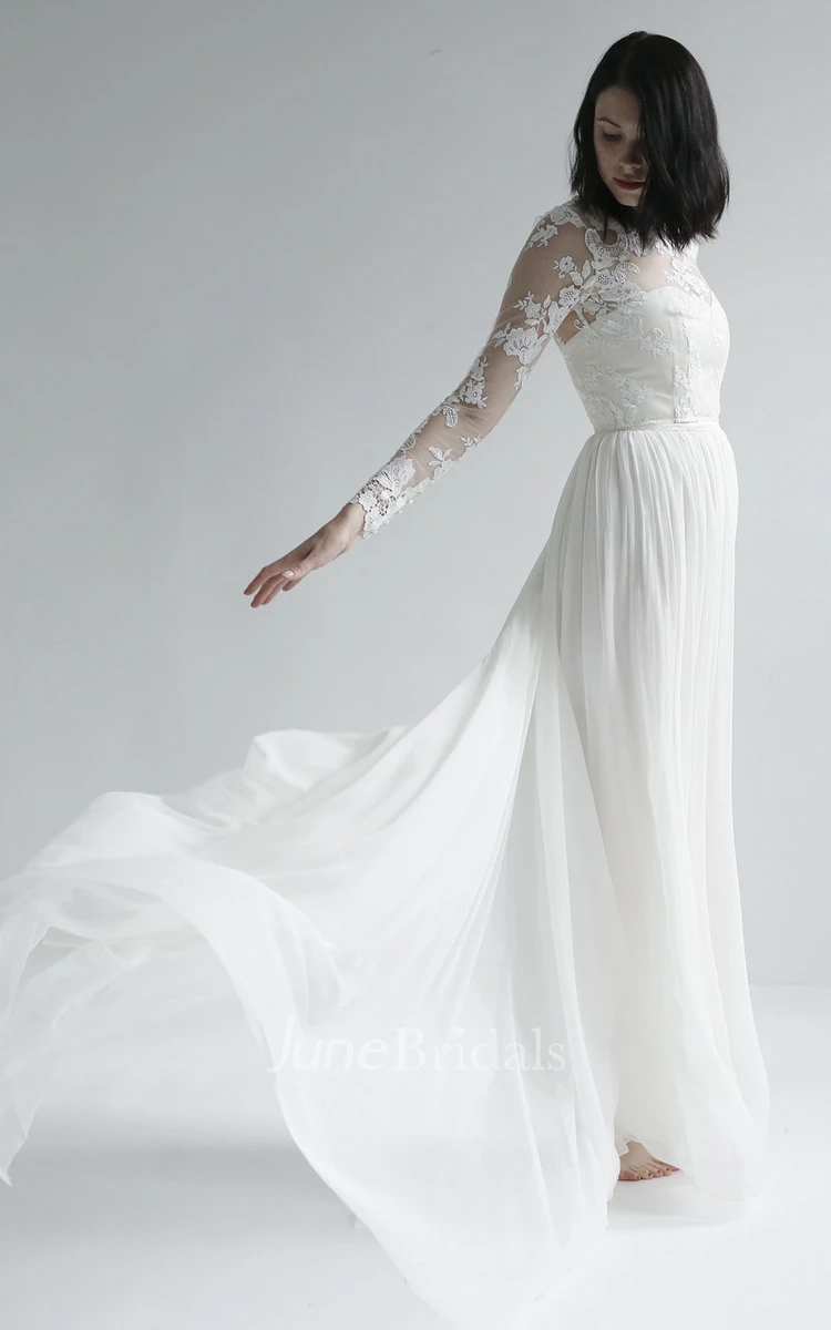 High Neck Long Sleeve Illusion Lace And Chiffon Wedding Gown
