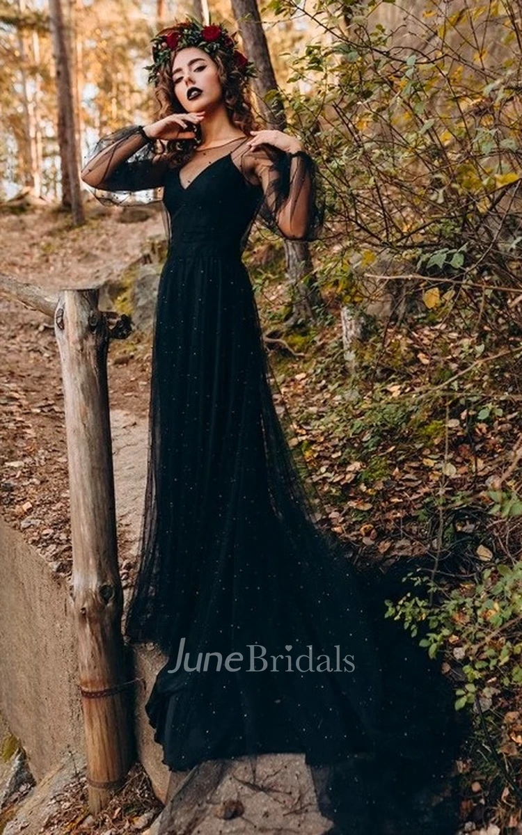 Black A-line Spaghetti V-neck Satin Unique Wedding Dress with Illusion Tulle Long Sleeve