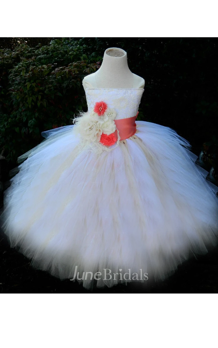Lace Bodice strapped Tulle Dress With Flower&Sash Ribbon