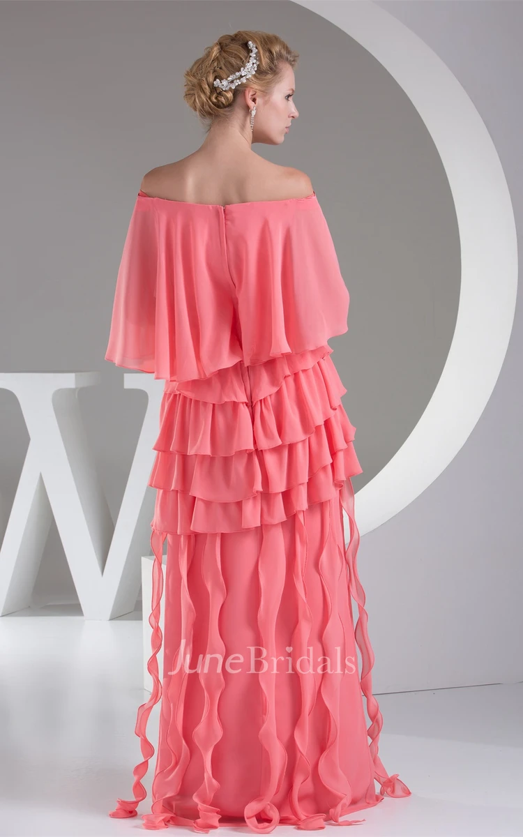 Off-The-Shoulder Chiffon Maxi Dress with Broach and Tiers