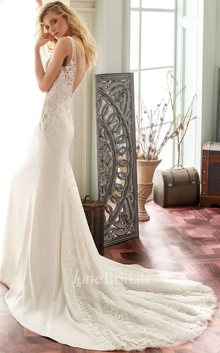 V-Neck Maxi Appliqued Chiffon Wedding Dress With Sweep Train And V Back