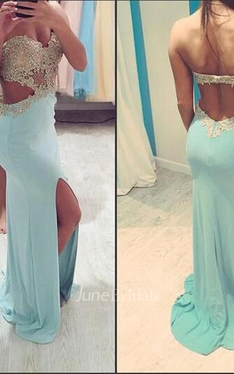 Sexy Sweetheart Sleeveless Prom Dress Front Split With Beadings Appliques