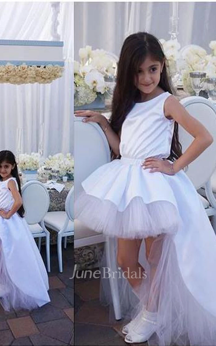 Lovely White Hi-Lo Tulle Flower Girl Dress Sweep Train Jewel