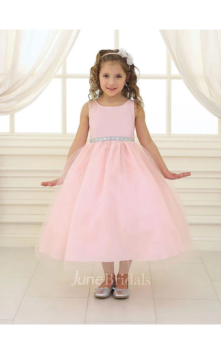 Sleeveless Scoop Neck Pleated Ball Gown Tulle Dress With Beaded Waistline