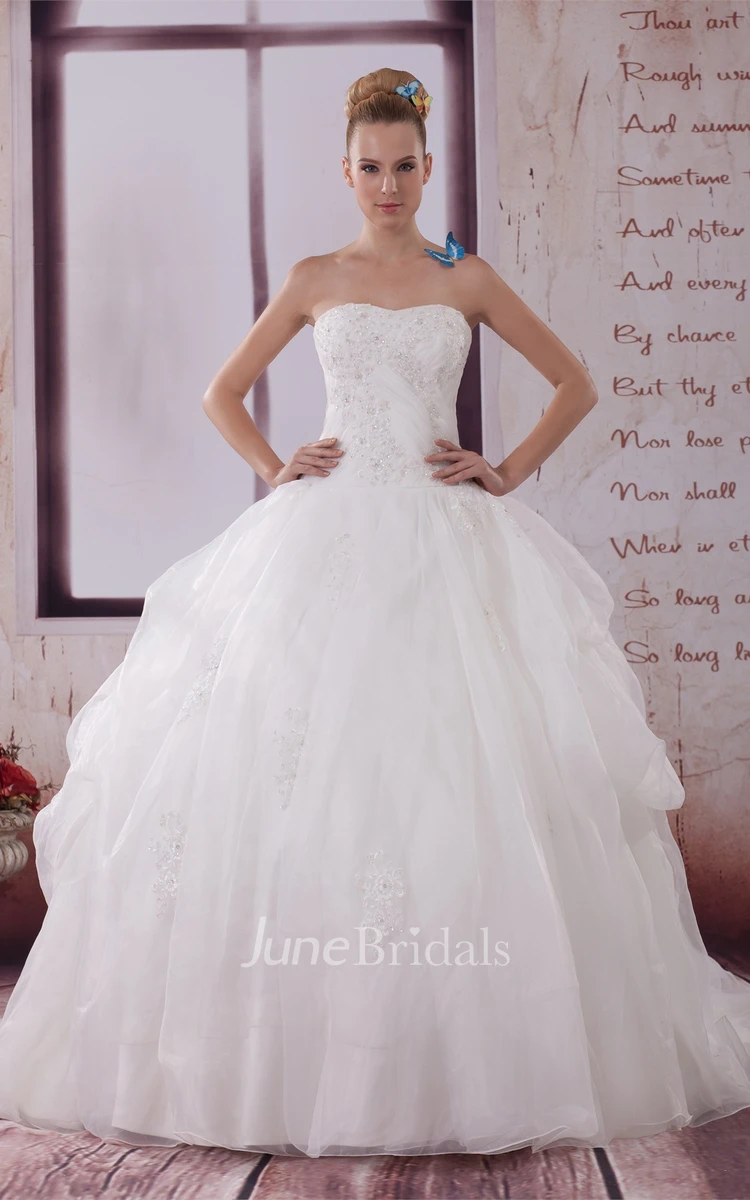 Strapless Appliqued Ball Gown with Ruching and Corset Back