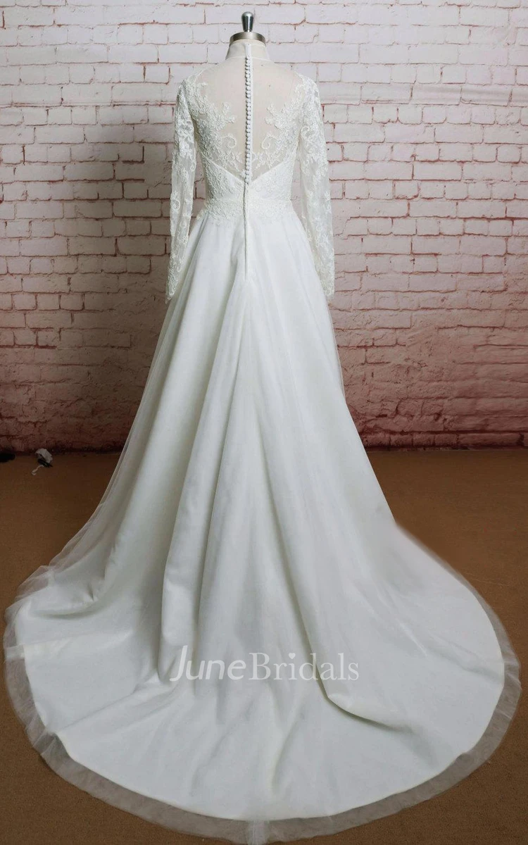 High Collor A-Line Tulle Wedding Dress With Long Sleeves