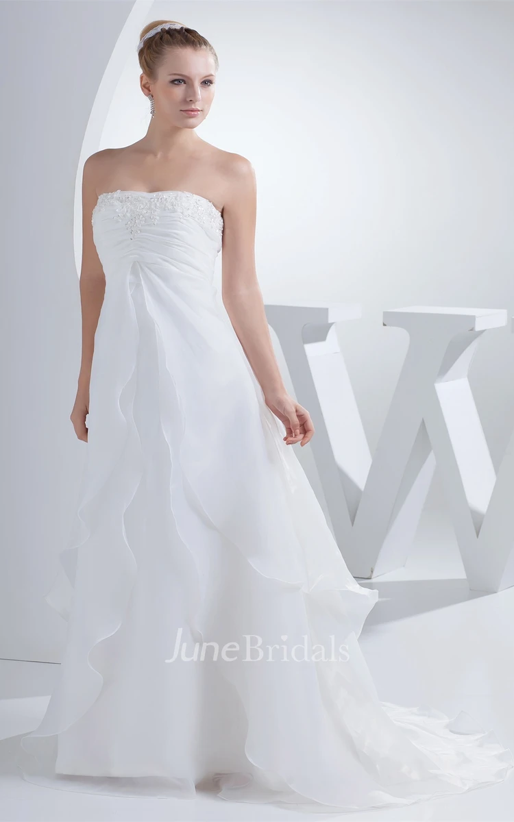 Strapless Ruched Empire A-Line Gown with Appliques