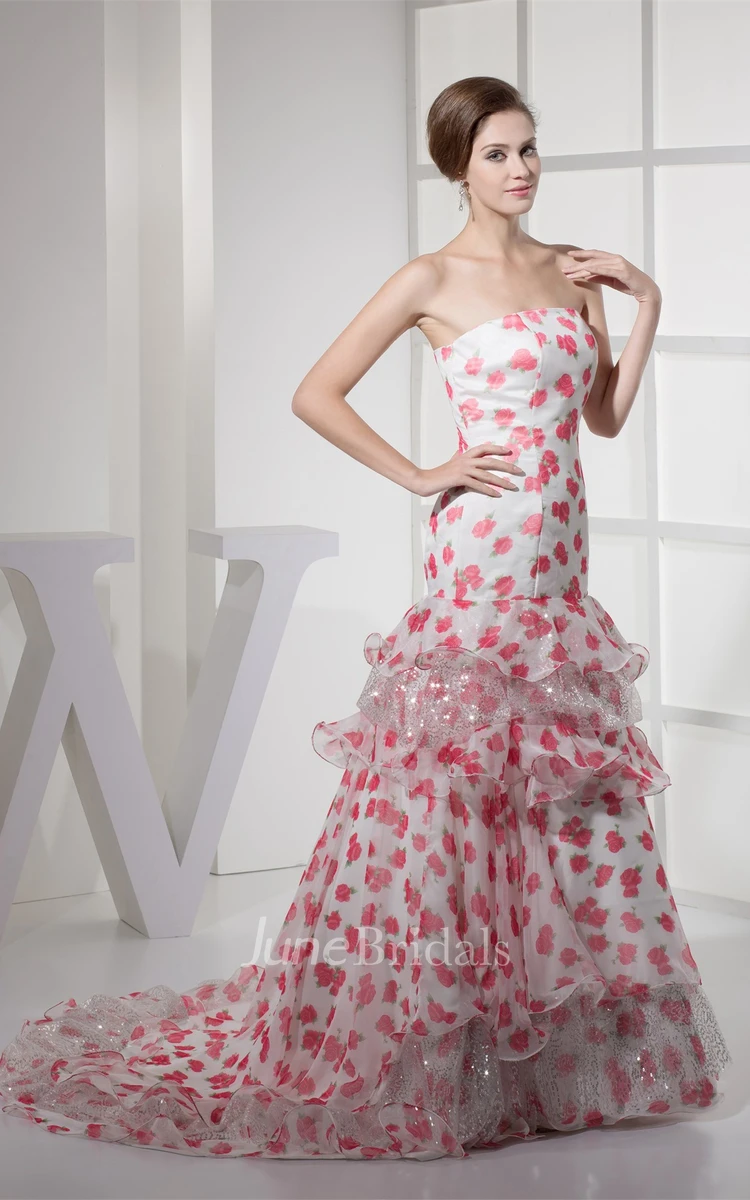 Floral Strapless A-Line Gown with Sequins and Peplum