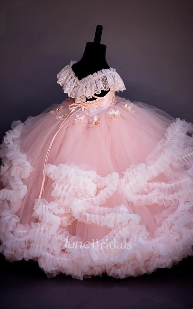 Floral Sweetheart Cap-Sleeve Tier Ball Gown Flower Girl Dress