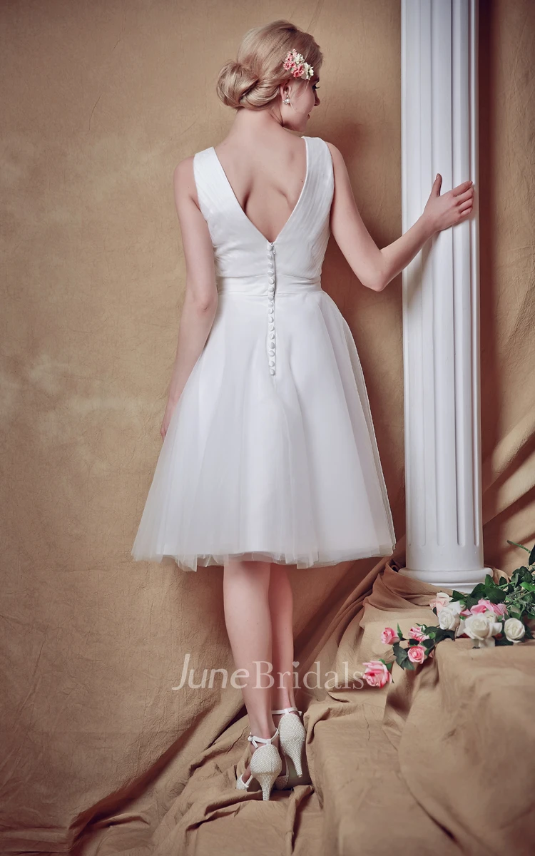 Sweet V-neck Tulle Gown With Ruched Waist and Satin Belt
