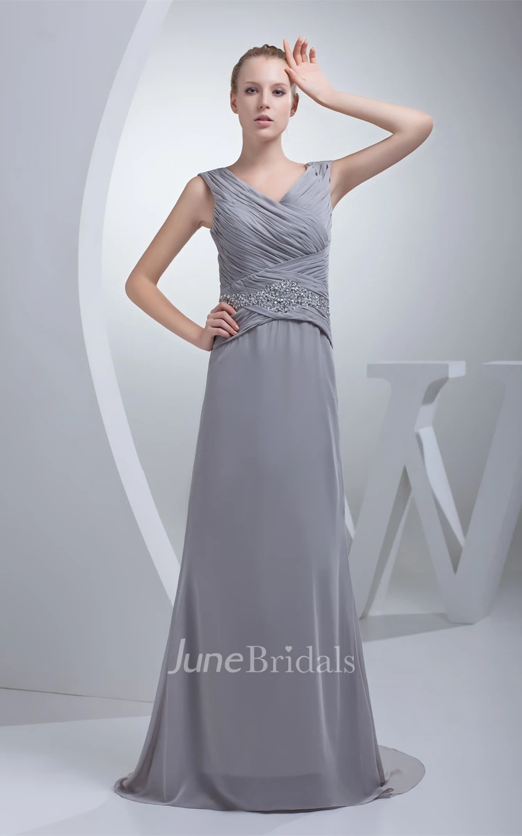 Sleeveless Criss-Cross Chiffon Floor-Length Dress with Jeweled Waist