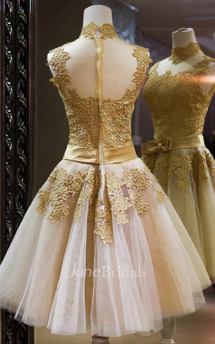 Gorgeous High Neck Sleeveless Golden Appliques Tulle Short Prom Dress