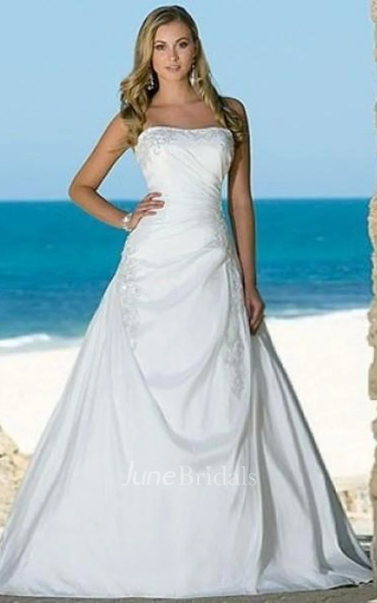 A-line Strapless Chapel Train Sleeveless Taffeta Beach Wedding Dresses for Brides