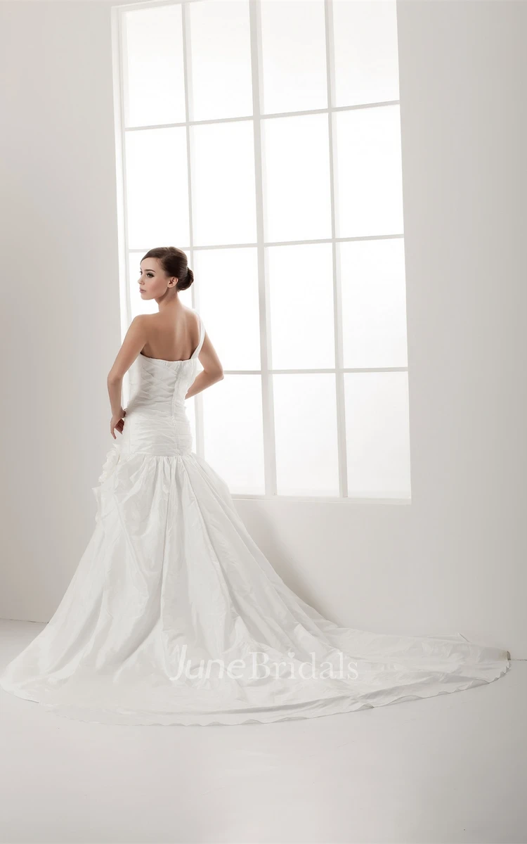 One-Shoulder Ruched A-Line Gown with Flower and Single Strap
