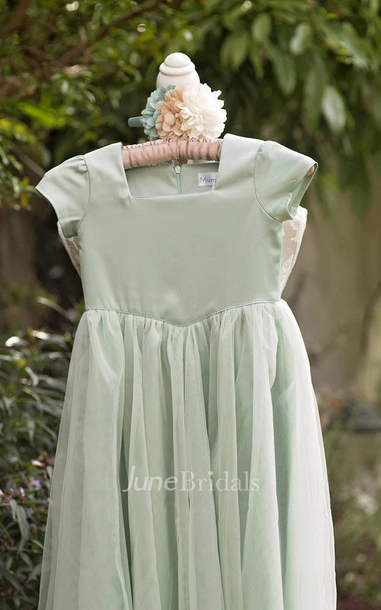 Mint Short Sleeve Flower Girl Dress With Tulle Skirt