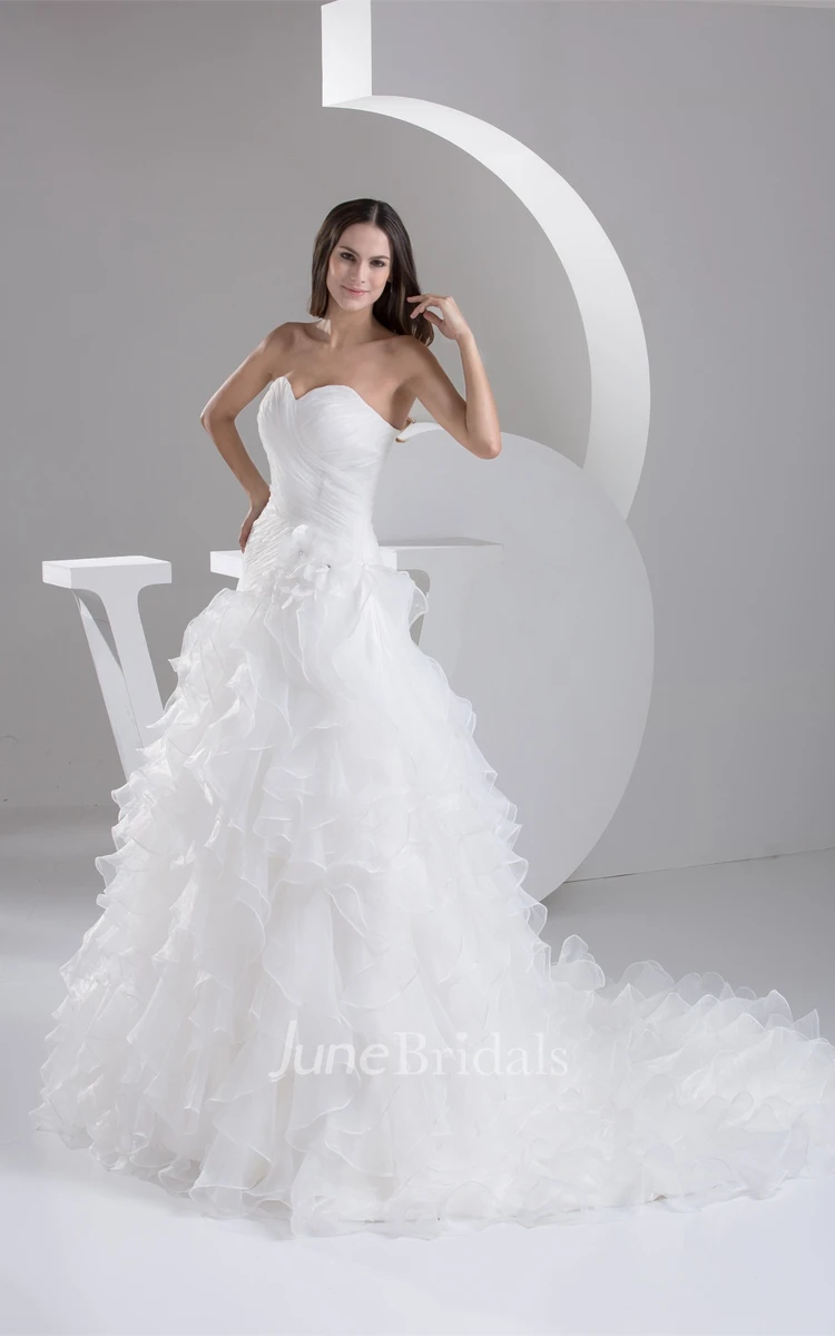 Sweetheart Criss-Cross Ruffled Ball Gown with Flower