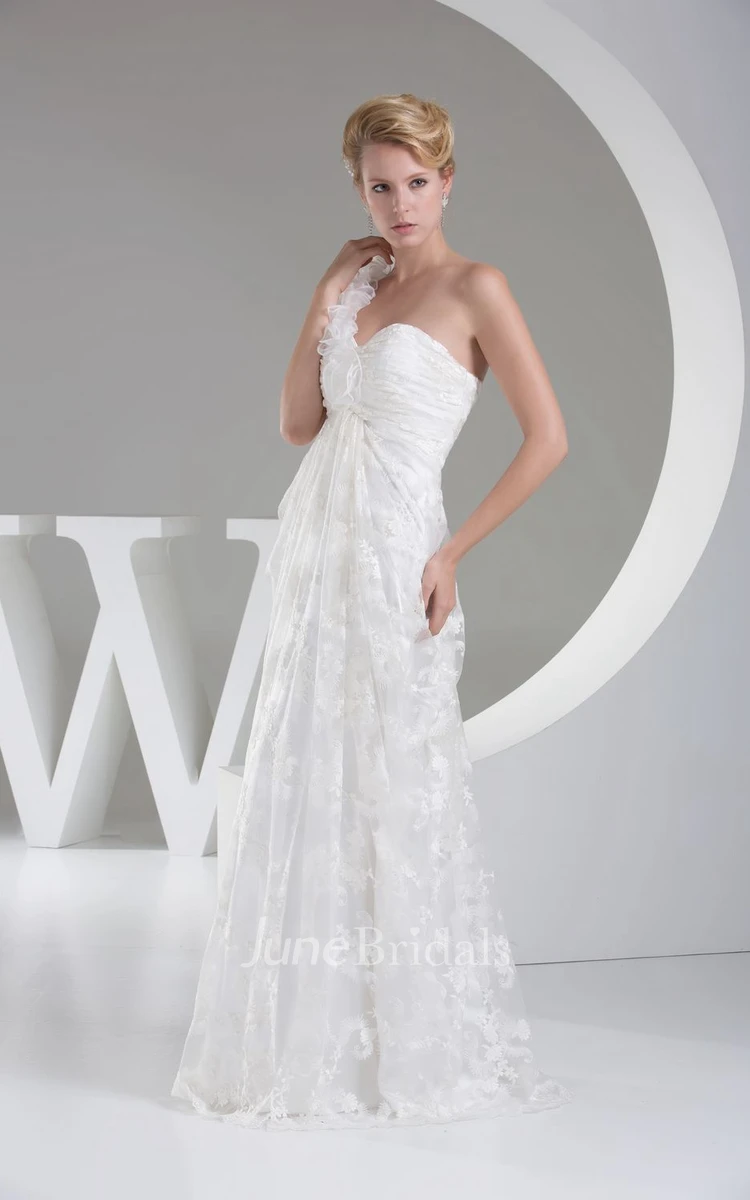 One-Shoulder Sleeveless Ruched Floor-Length Dress With Lace Appliques