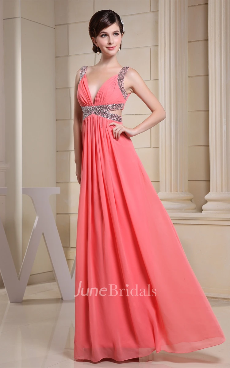 Deep-V-Neck Sleeveless Ruched A-Line Floor-Length Gown with Side Keyhole and Crystal Detailing
