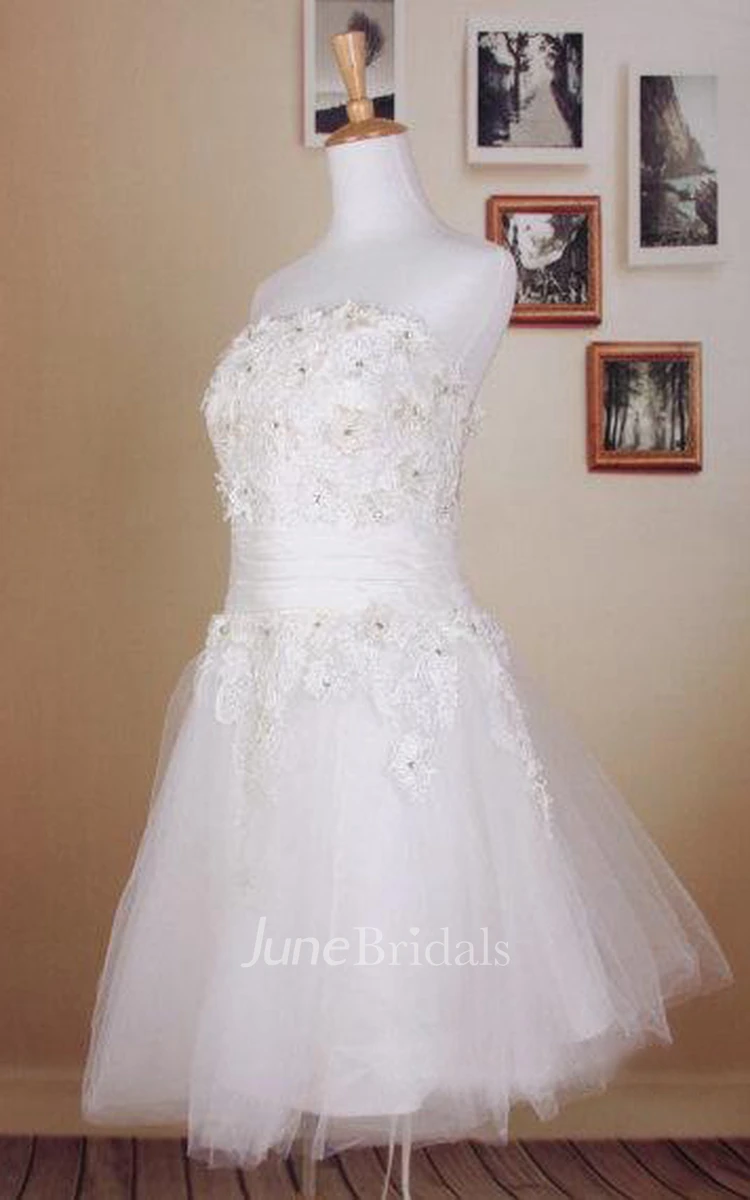 Beaded Short Tulle Wedding Dress With Lace Bodice and Straight Neckline