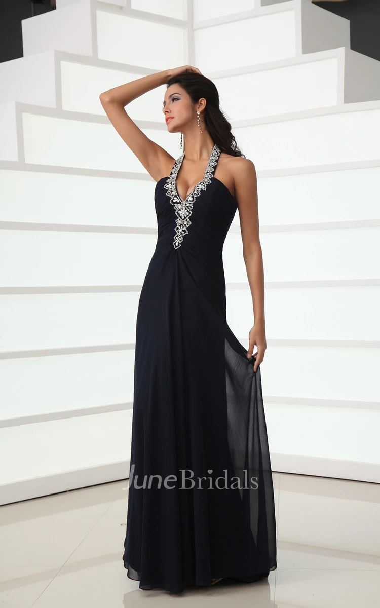 A-Line Halter Pleated Sparkling Gown With Back Crystal Strap