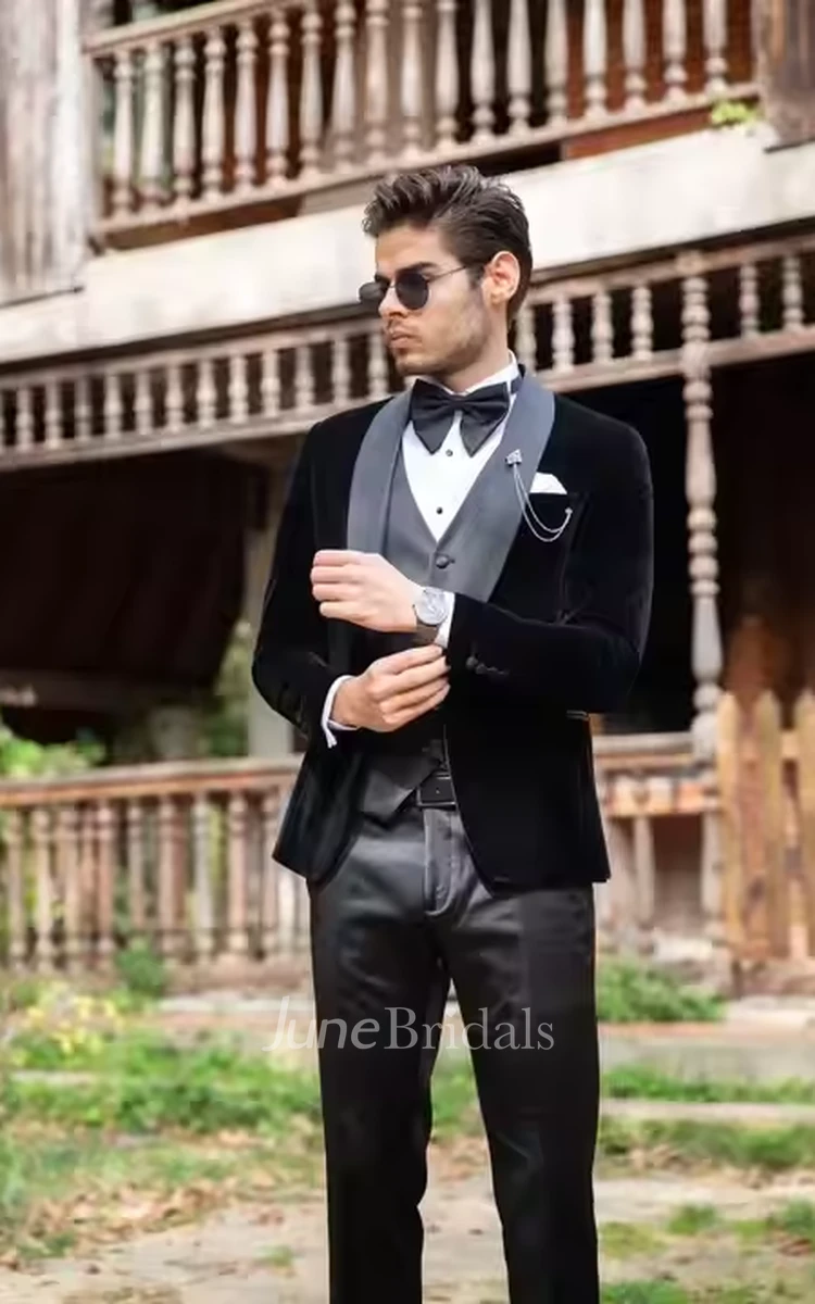 Classic Black 3-Piece Velvet Wedding Tuxedo for Men Formal Winter Slim Fit Suits Blazer Jacket Vest Pants for Groom