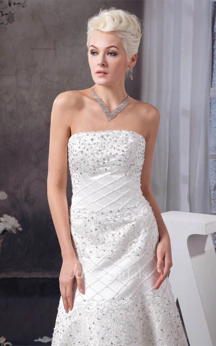 Strapless A-Line Beaded Gown with Embroideries and Corset Back