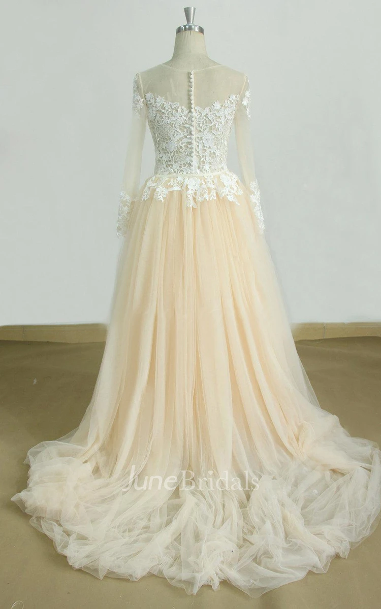 A-Line Long Sleeve Tulle Lace Satin Weddig Dress
