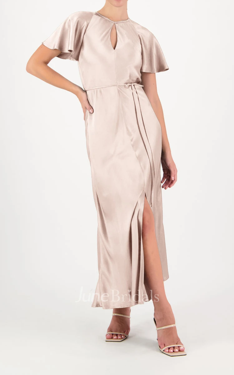 Casual Charmeuse A Line Notched Neckline Bridesmaid Dress with Open Back and Split Front