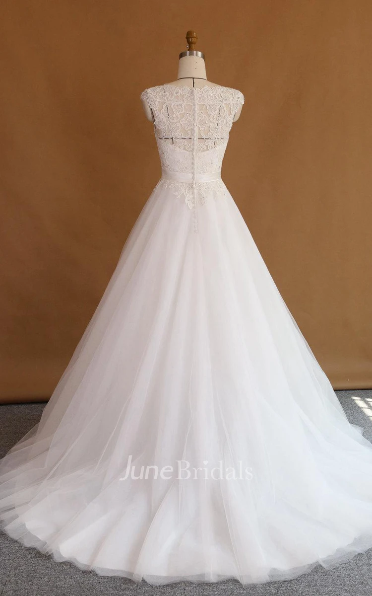 Ball Gown Cap Sleeve Lace Satin Dress With Beading Appliques Illusion