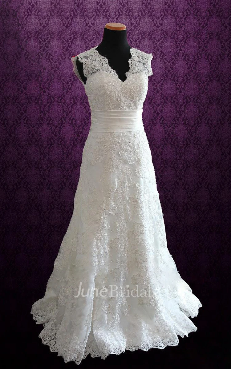Scalloped Sleeveless Keyhole Back Long Lace Wedding Dress With Sash And Ruching