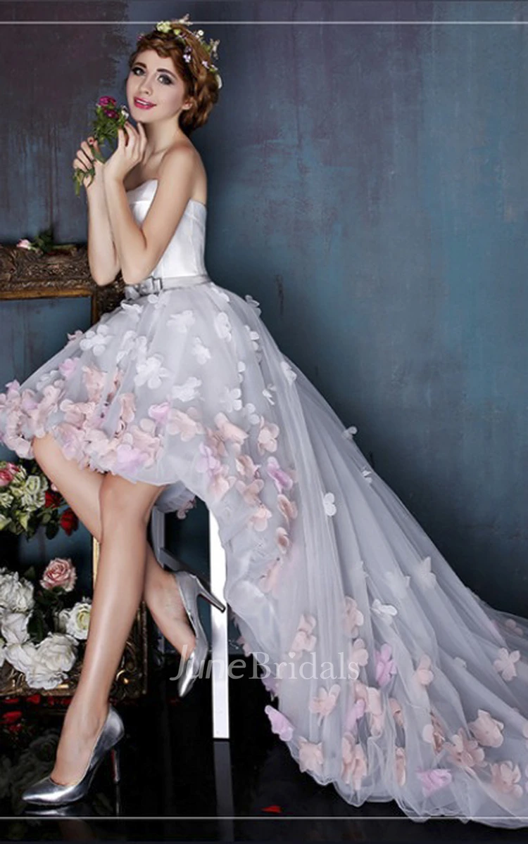 Sleeveless Cute Open Back High-low Dress With 3D Floral Appliques And Delicate Bow
