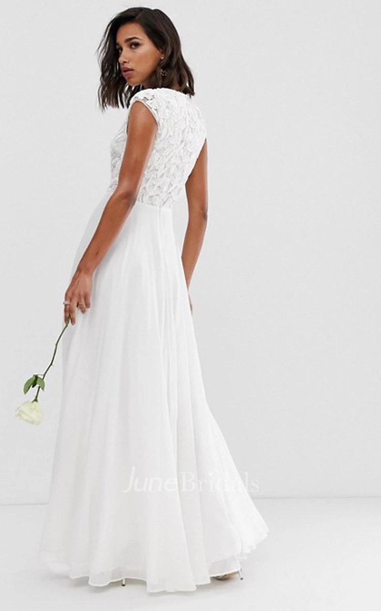 Ethereal Chiffon and Lace Sheath Cap Sleeve Wedding Dress