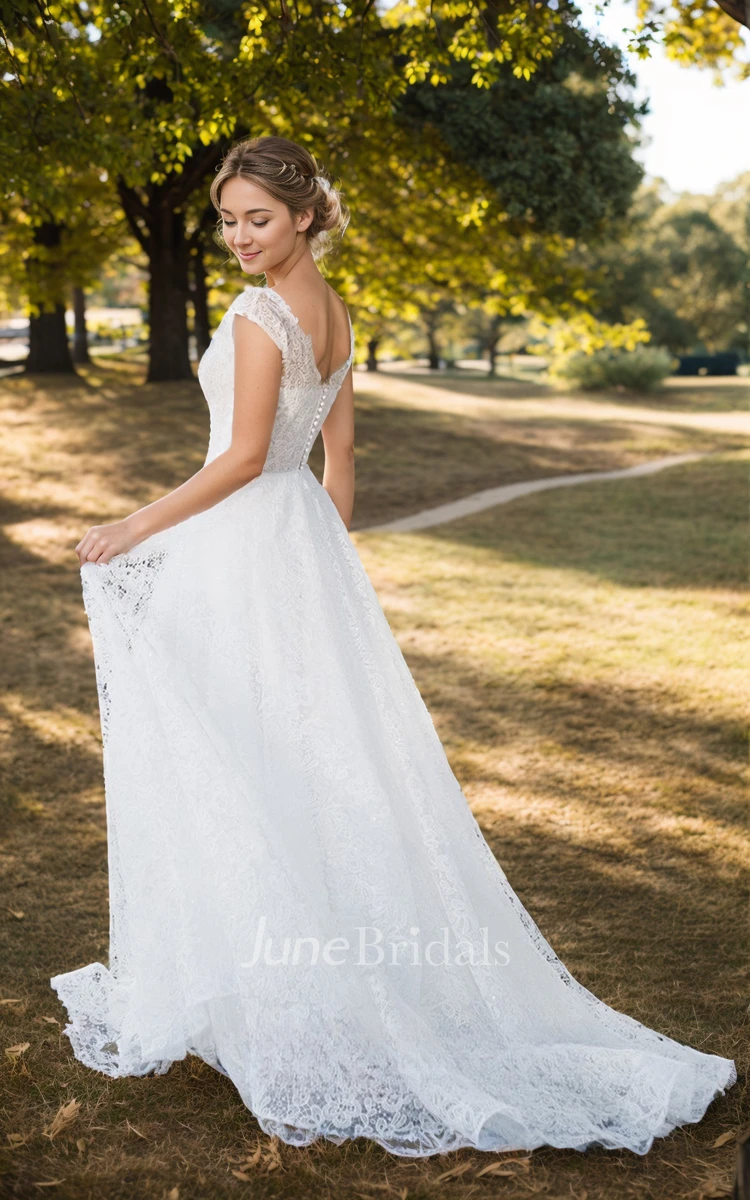 Modest Casual Lace A-Line Wedding Dress Country V-Neck Sleeveless Train Gown