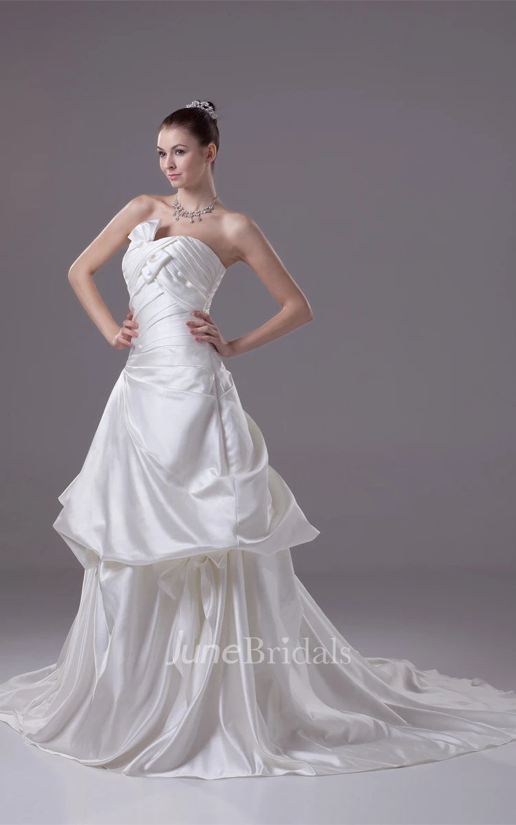 Strapless Pick-Up A-Line Gown with Bow Criss-Cross Ruching