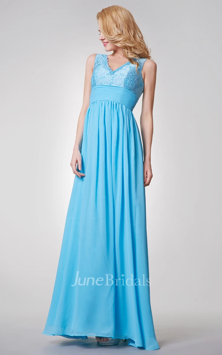 Elegant Sleeveless A-line Long Chiffon and Lace Dress