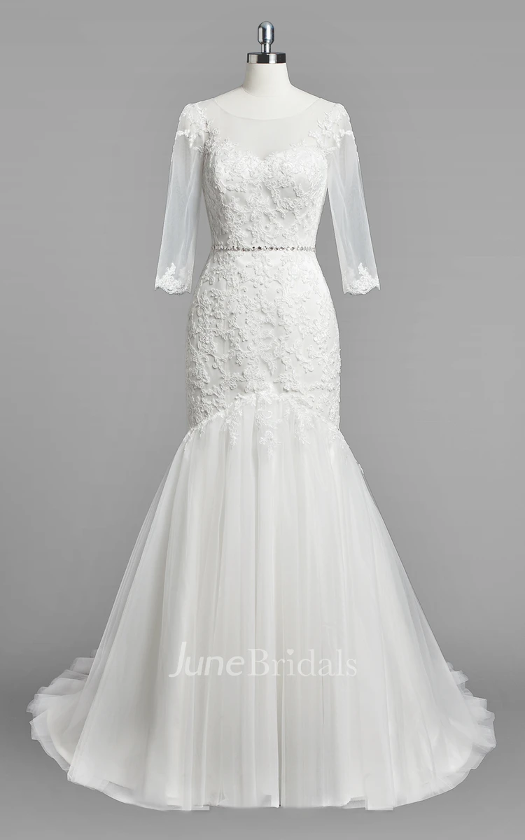 Scoop Neck 3 4 Sleeve Mermaid Lace and Tulle Wedding Dress With Beading