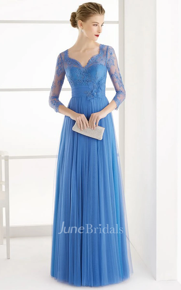 V-neck Illusion Long Sleeve Tulle Dress With Lace Appliques