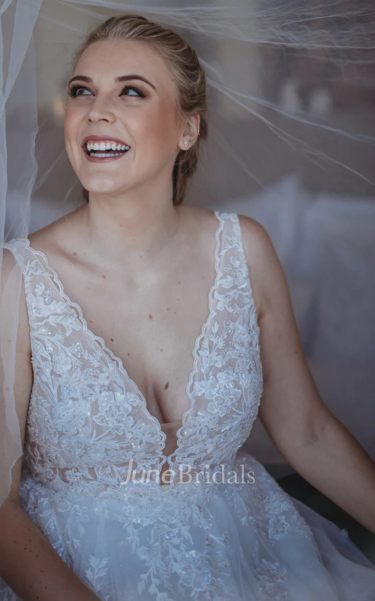 Bohemian A-Line V-neck Lace Wedding Dress with Beach Appliques Sequins Low-V Back