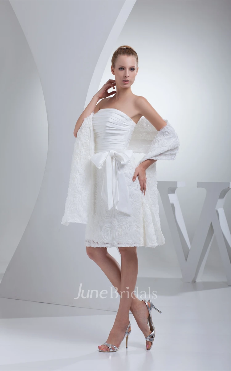 Strapless Knee-Length Appliqued Dress with Ruching and Wrap
